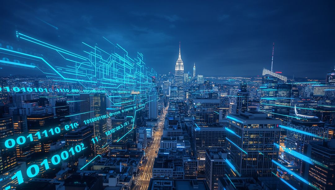 Futuristic Cityscape with Digital and Binary Overlay