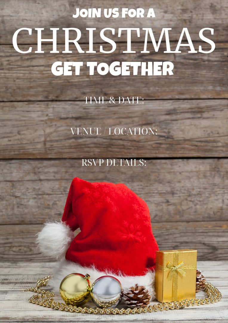 Festive Christmas Gathering Invitation Design with Santa Hat and Ornaments