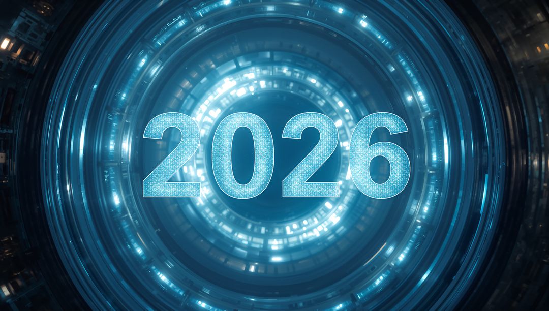 Futuristic 2026 Digital Tunnel with Glowing Numerals, Neon Data Rings and Cybernetic Depth