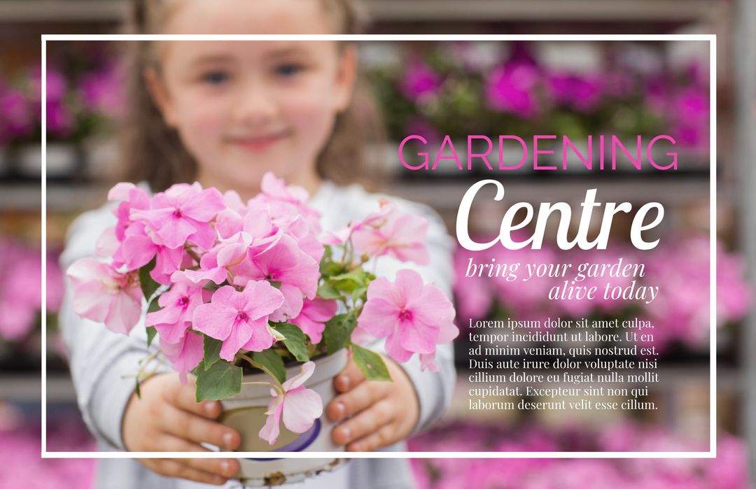 Child Smiling with Pink Flowers Promoting a Gardening Center