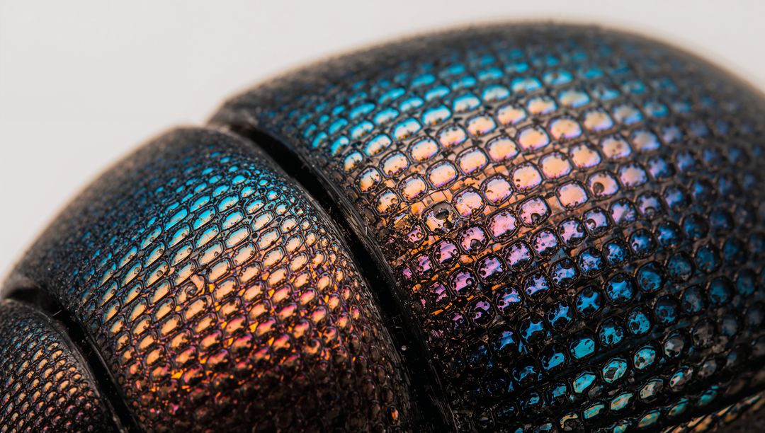Iridescent Beetle Elytra Macro Closeup Showing Metallic Scales, Segmented Seam and Pattern