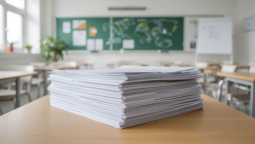 Stack of Papers on Classroom Desk Representing Academic Work