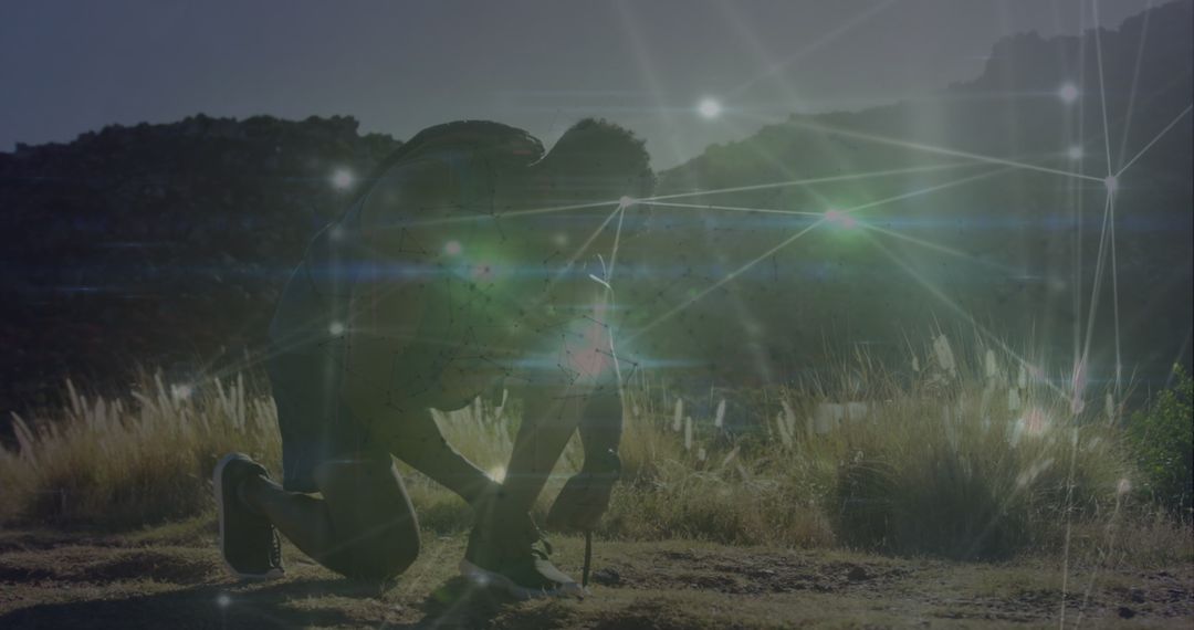 Athlete Tying Shoelaces with Futuristic Network Overlay