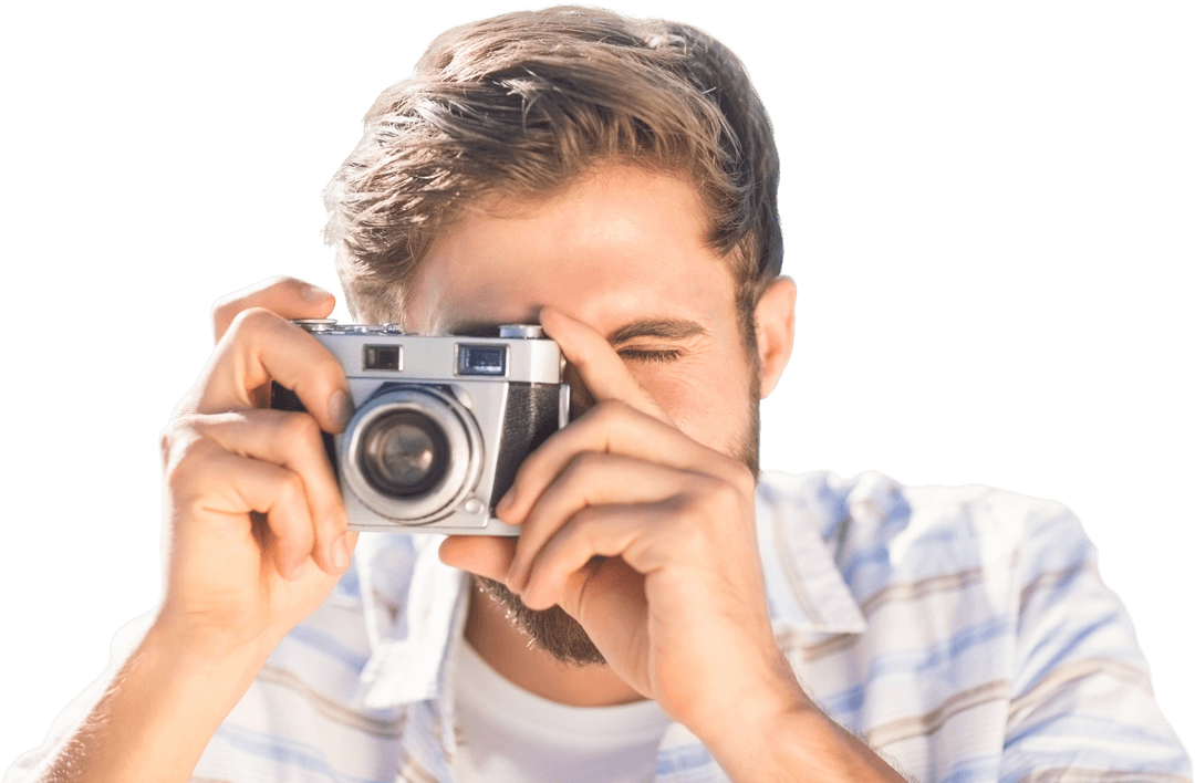 Caucasian Photographer Taking Photo with Retro Camera on Transparent Background