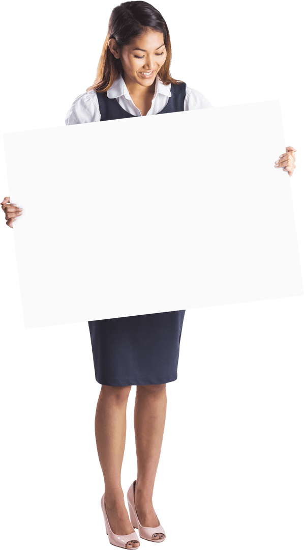 Smiling Businesswoman Holding Empty Transparent Poster