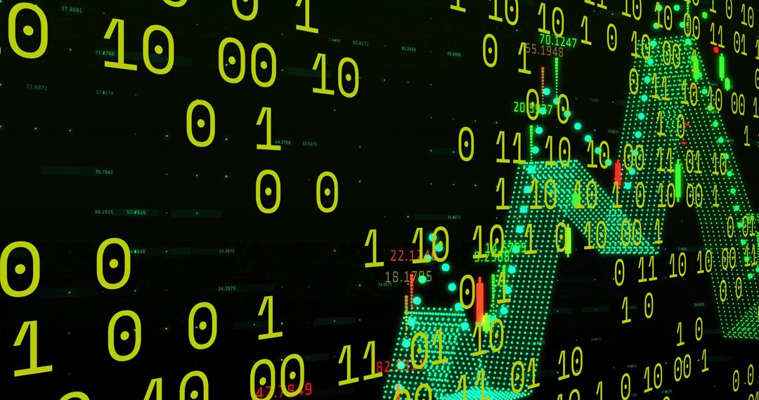 Binary Numbers Overlay Candlestick Chart on Digital Finance Dashboard