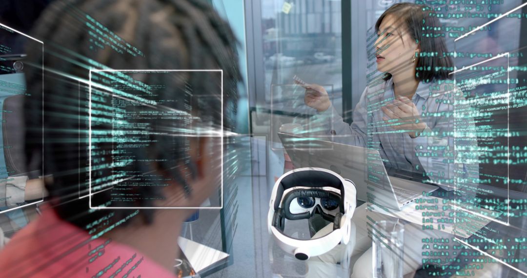 Team discussing VR development with code overlays in glass conference room, collaboration