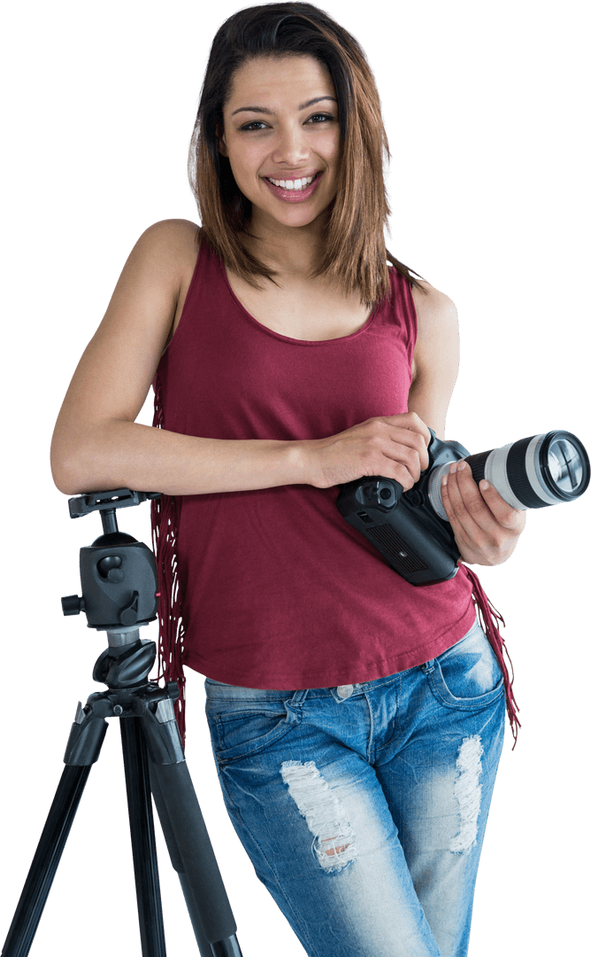 Smiling Photographer Holding Camera and Leaning on Transparent Tripod