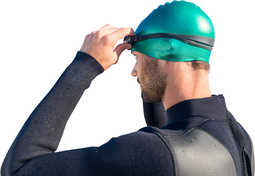 Swimmer Adjusting Goggles Wearing Wetsuit on Transparent Background - Download Free Stock Images Pikwizard.com