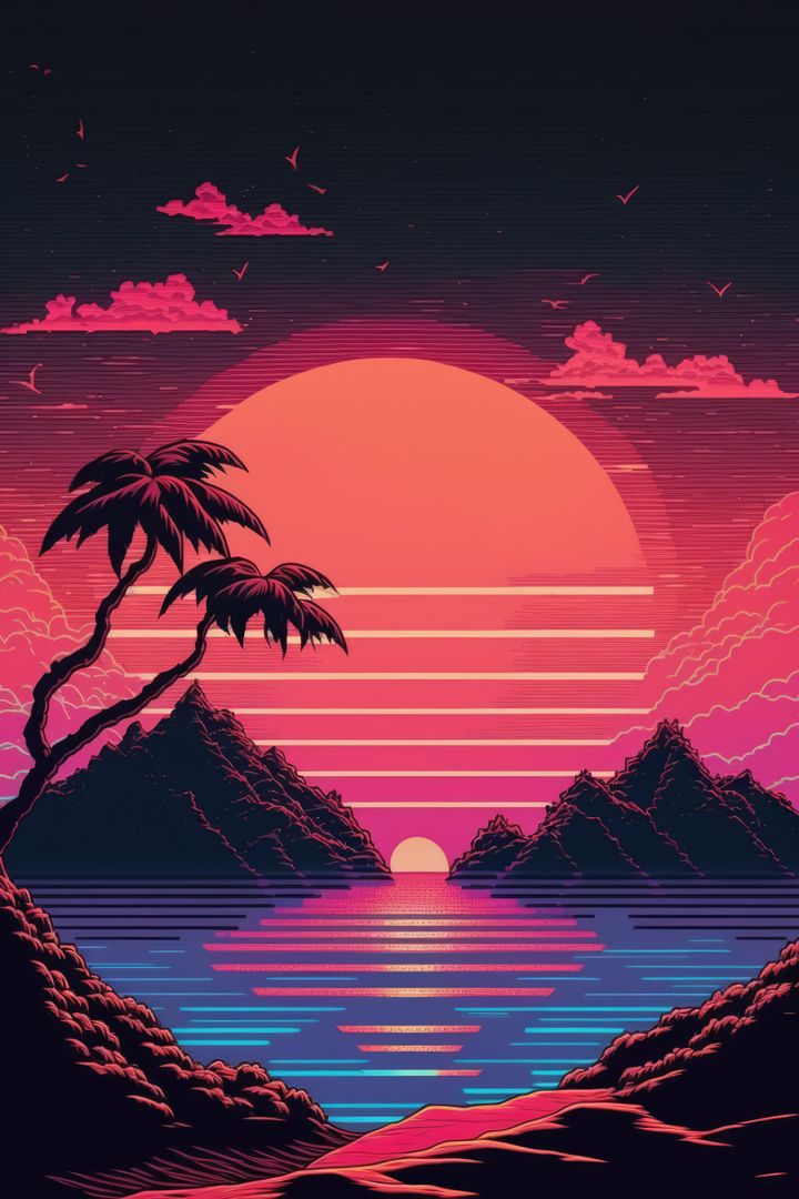 Vaporwave landscape with sun and palm trees, created using generative ai technology - Free Images, Stock Photos and Pictures on Pikwizard.com