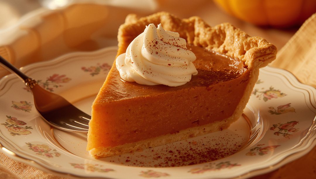Classic Pumpkin Pie Slice with Whipped Cream and Spice Dusting