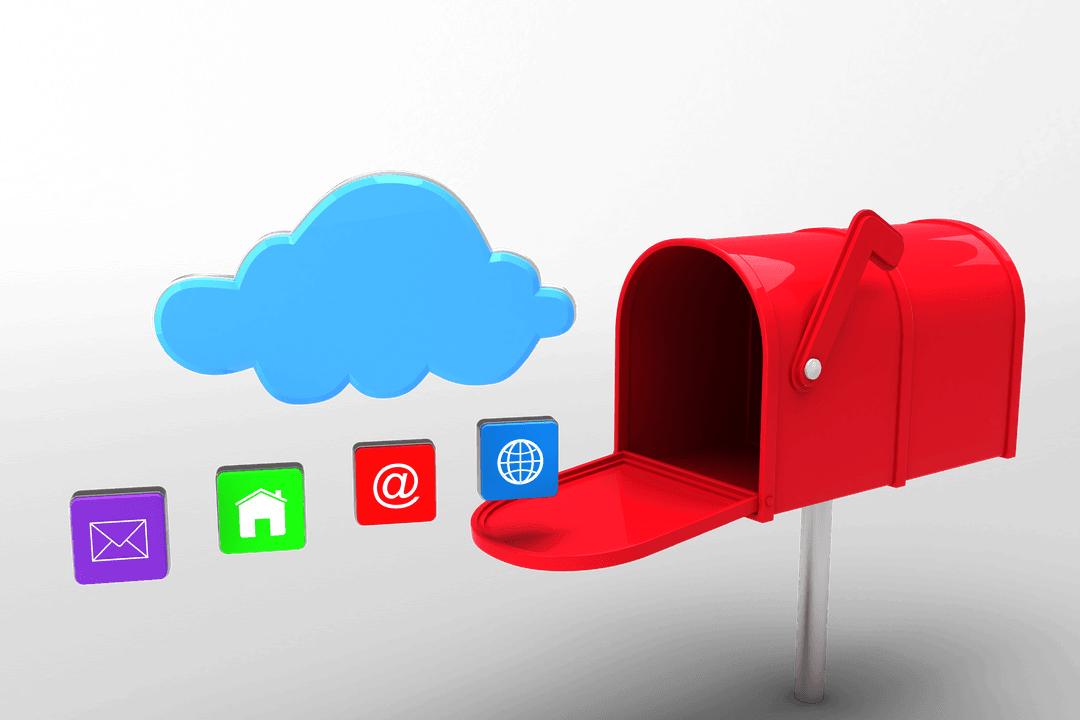 Transparent Red Mailbox with Cloud and Digital Symbols Illustration