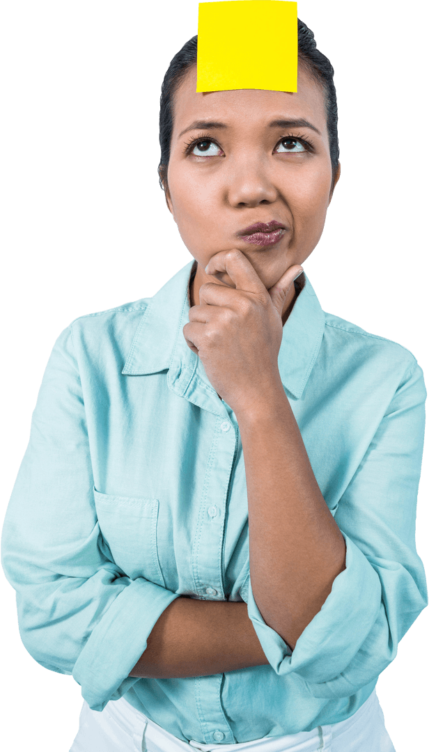 Thoughtful Businesswoman Staring at Yellow Note Transparent Background
