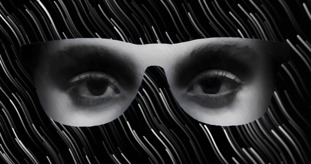 Hovering eyes behind futuristic glasses, light streaks suggesting surveillance, AI vision