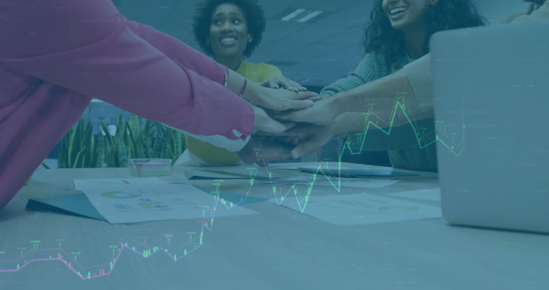 Diverse Team Collaboration with Financial Data Overlay in Office Setting