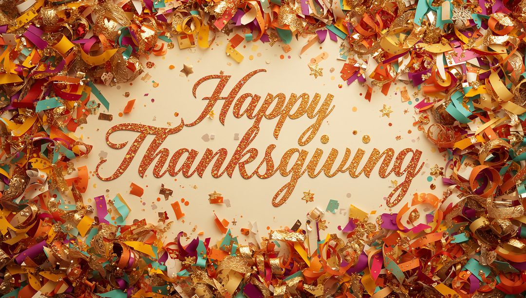 Happy Thanksgiving glitter script amid festive gold ribbons and colorful confetti border