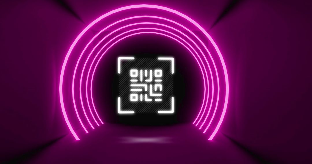 Neon QR Code with Circular Glowing Arches in Futuristic Tunnel