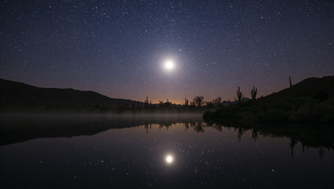 Glowing full moon reflecting across calm desert lake with saguaro silhouettes under starry sky