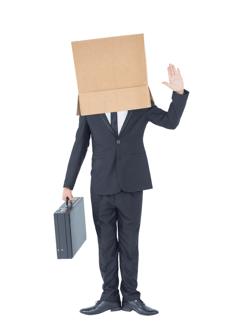 Businessman with Box on Head Waving, Concept of Transparency