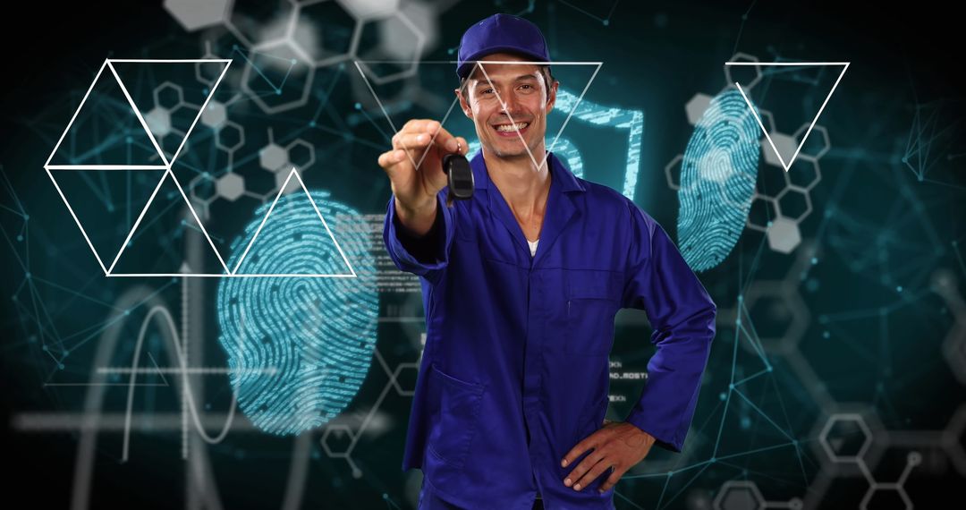 Smiling Mechanic Holding Car Keys with Futuristic Digital Overlay