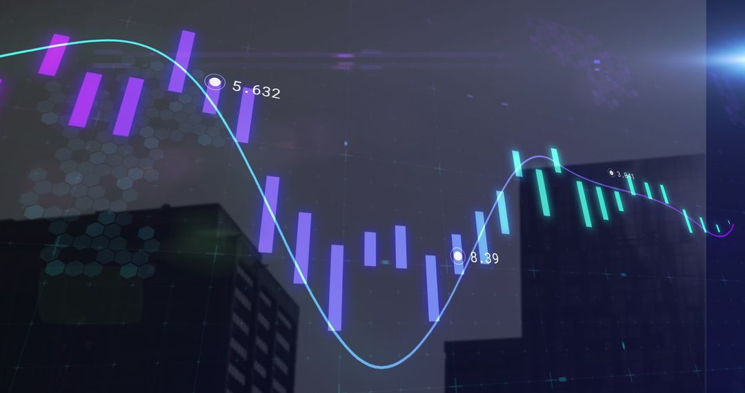 Financial Data Visualization Over Urban Skyline with Digital Elements
