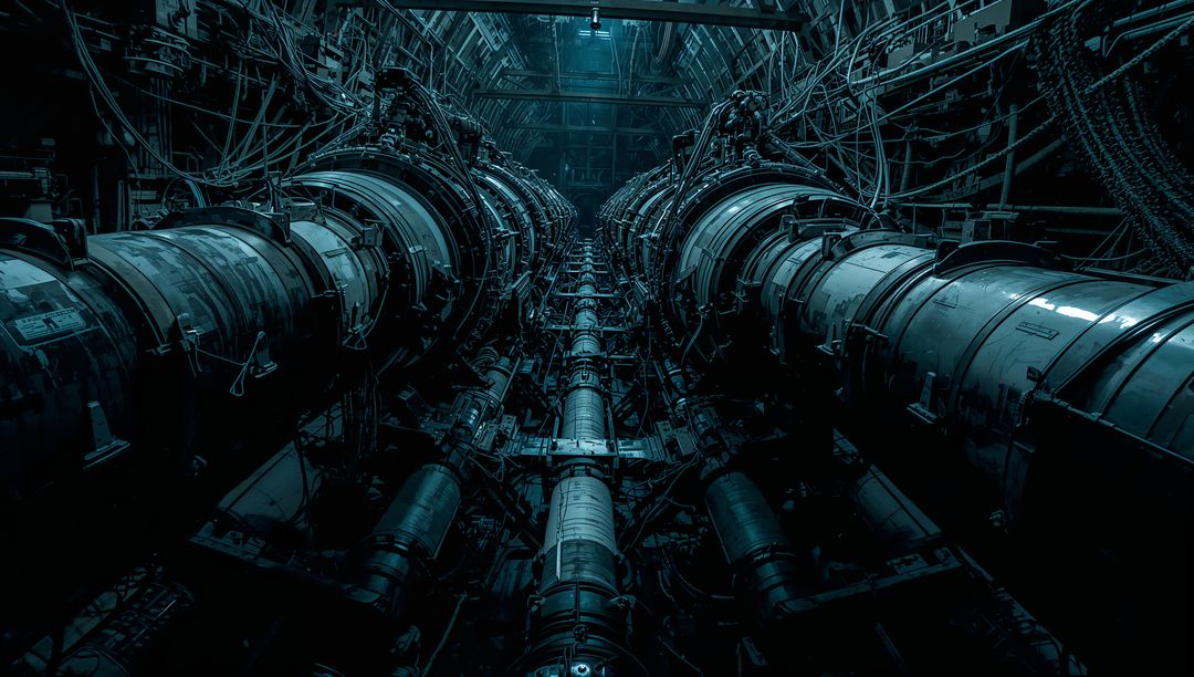 Futuristic symmetric engine bay with central pipeline, cable bundles and flanges