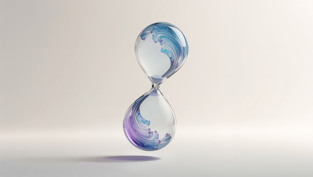 Floating Hourglass with Swirling Liquid in Minimalist Space