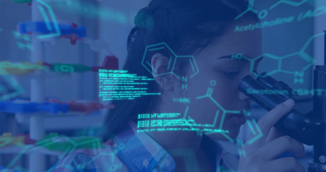 Schoolgirl Analyzing Chemical Reactions Through Microscope with Digital Interface