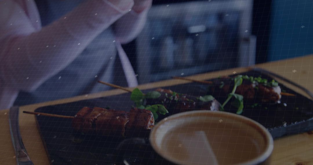 Gourmet Presentation of Grilled Meat Skewers with Coffee