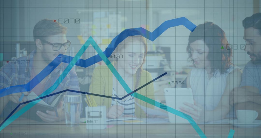 Business Team Analyzing Digital Data with Overlapping Graphs