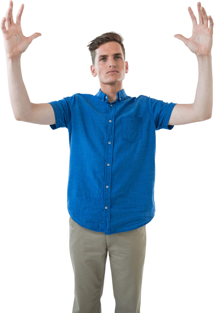 Transparent Image of Man in Blue Shirt with Raised Hands