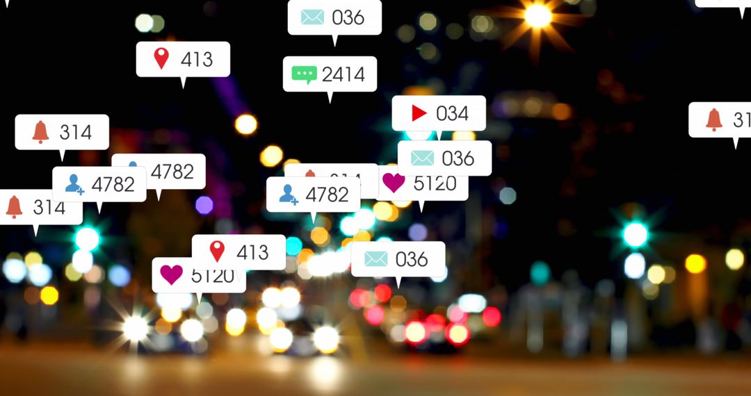 Social Media Interaction Icons in Vibrant Urban Nightscape