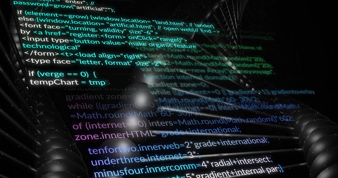 Futuristic Digital Code Overlay on Industrial Engine Wall with Metallic Coils