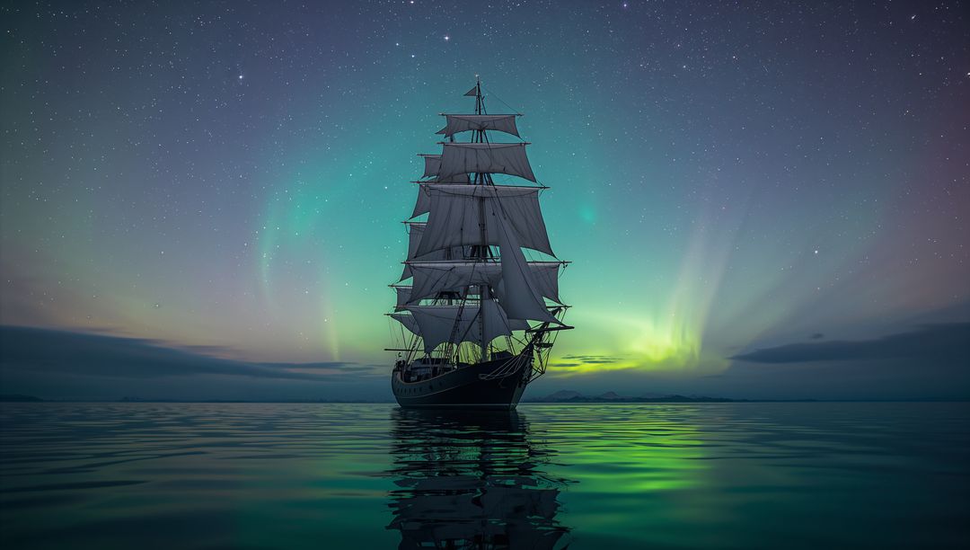 Majestic Three-Masted Sailing Ship under Aurora Borealis