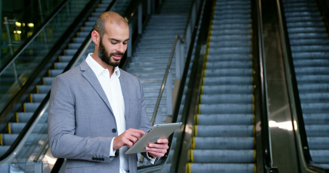 Businessman Using Digital Tablet Near Escalators in Modern Office - Free Images, Stock Photos and Pictures on Pikwizard.com