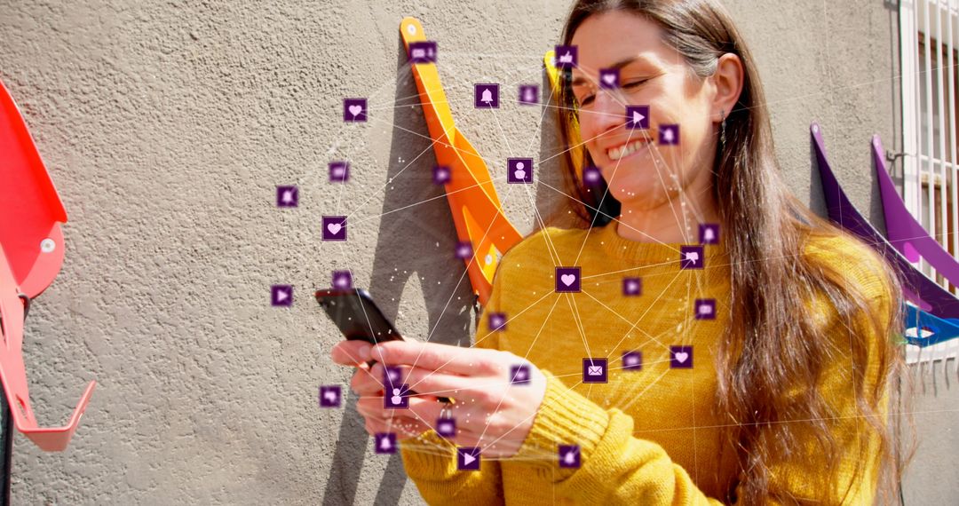 Smiling Woman Using Smartphone with Overlay of Networking Icons