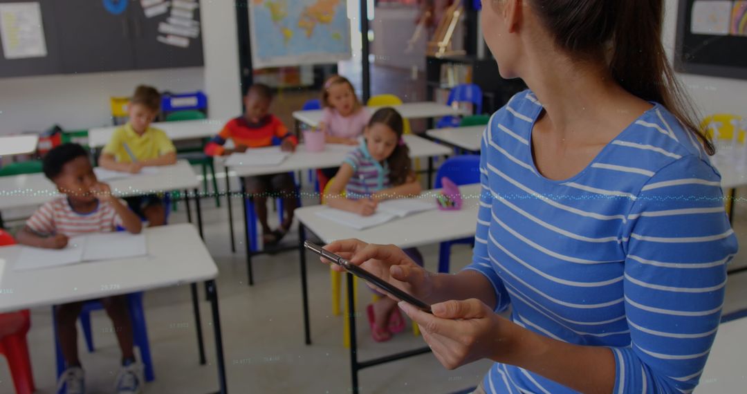 Diverse Classroom with Futuristic Education Technology Overlay