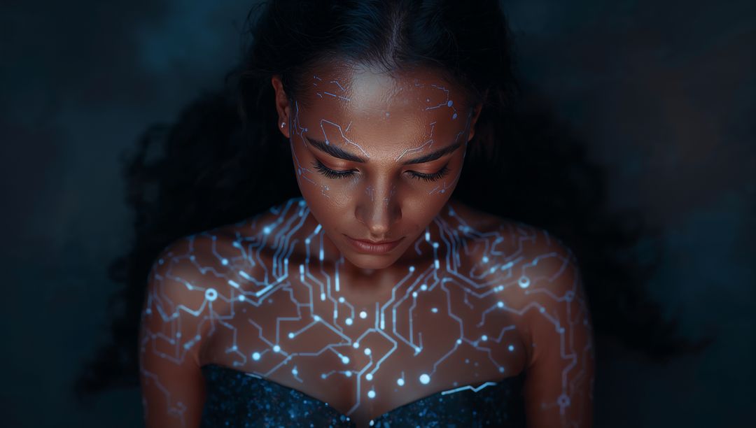 Futuristic gazing female with neon blue circuitry pattern on skin wearing sparkly strapless top