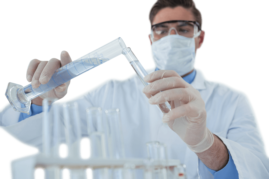 Scientist in Protective Gear Handling Transparent Laboratory Equipment