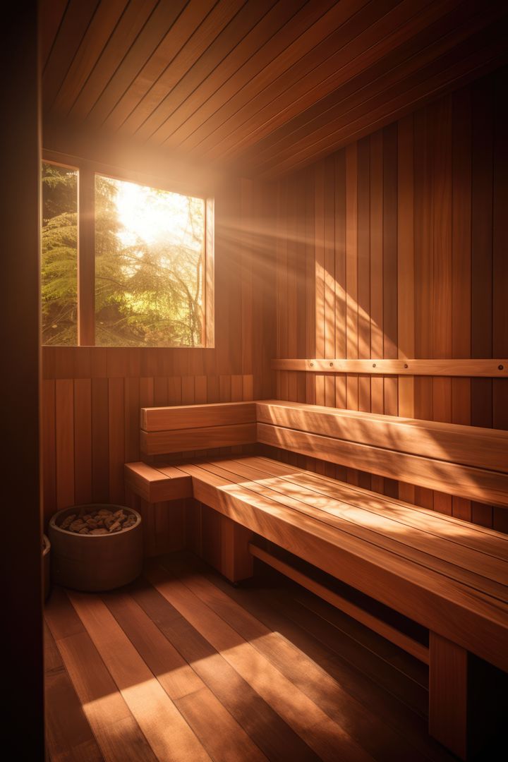Bright wooden sauna with window and view to trees, created using generative ai technology - Free Images, Stock Photos and Pictures on Pikwizard.com