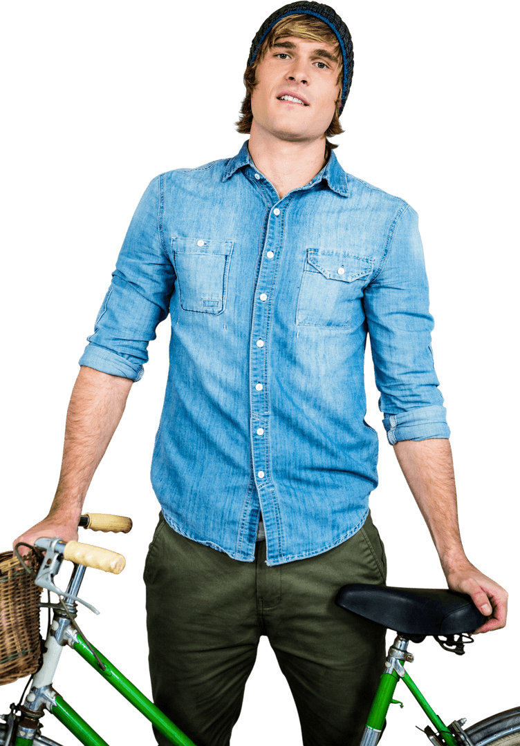Stylish Hipster With Bicycle Set Against Wood Wall Transparent Background