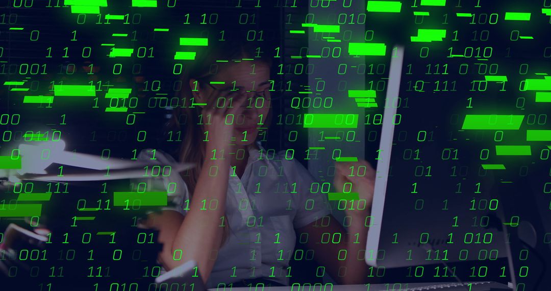 Woman Analyzing Code Streams at High-Tech Workstation