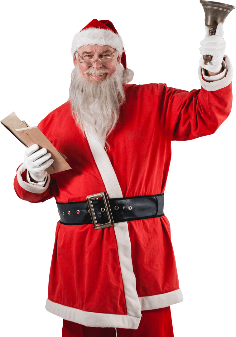 Transparent Santa Claus Holding Bible and Bell Smiling Cheery