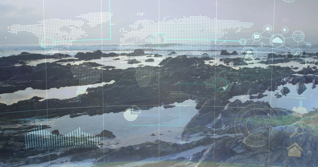 Digital World Map Overlay on Rocky Shoreline at Low Tide