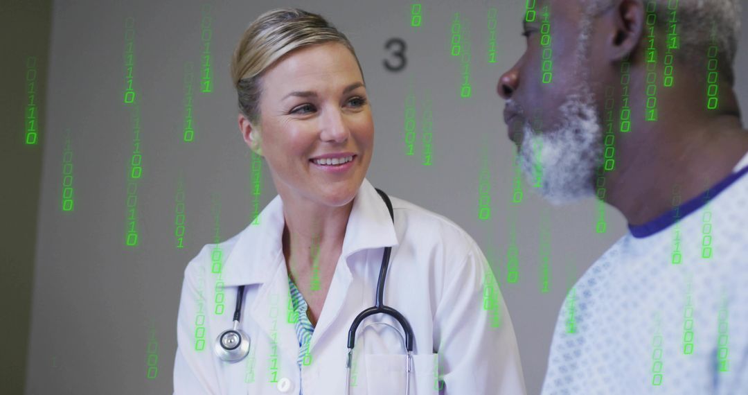 Smiling female doctor consulting senior patient with binary code overlay for digital health
