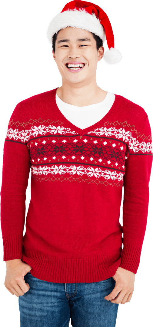 Smiling Man in Santa Hat and Red Sweater Isolated on Transparent Background