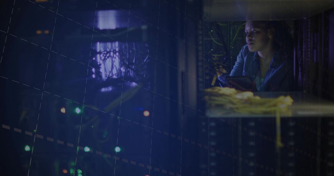 IT technician inspecting server rack with tablet, neon network monitoring overlay, data center opera