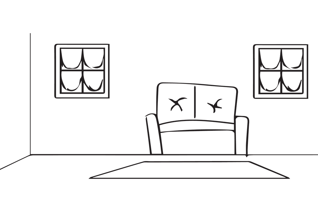 Illustration of Room Interior with Sofa and Windows on Transparent Background