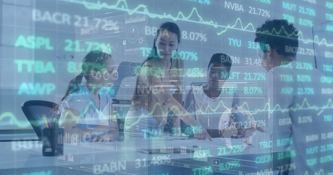 Team Collaborating with Data Analytics and Technology Interface