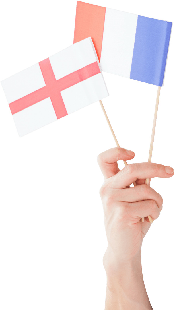 Transparent Hand Holding French and English Flags Symbolizing Unity